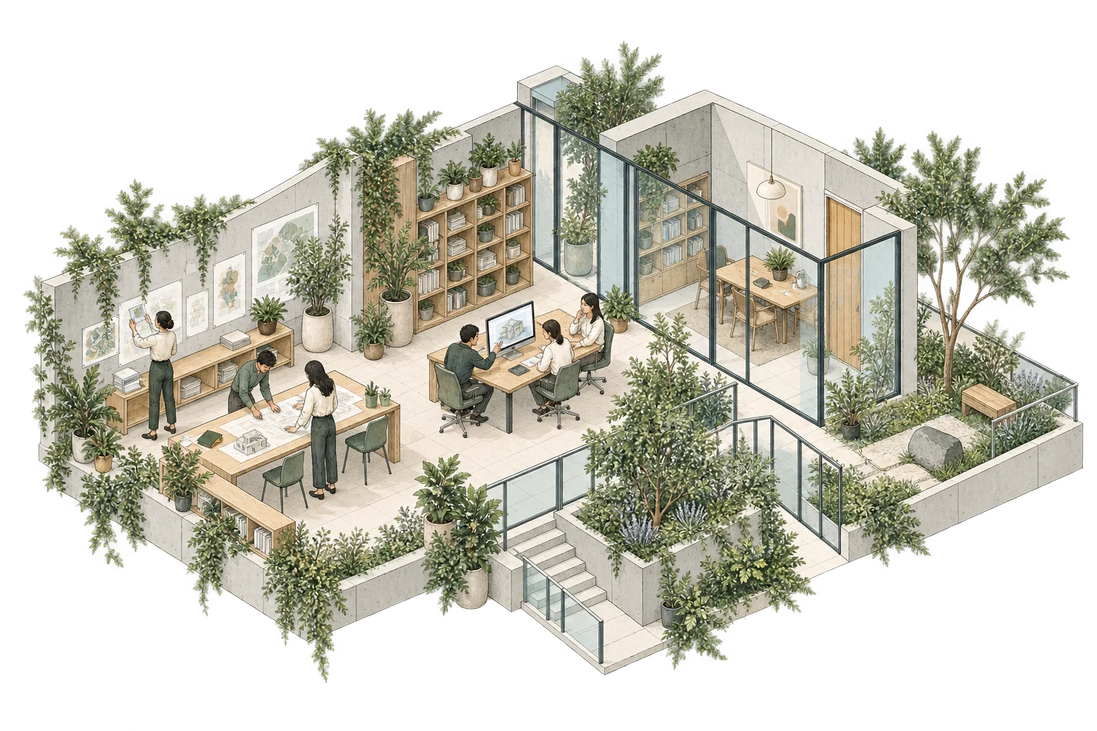 An illustrated open workshop, with people, plants and spaces to think and build together.